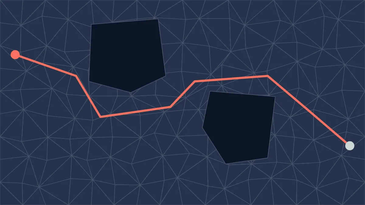 Maillage de navigation triangulé semé de deux obstacles, traversé par le chemin trouvé entre un point de départ et un point d'arrivée